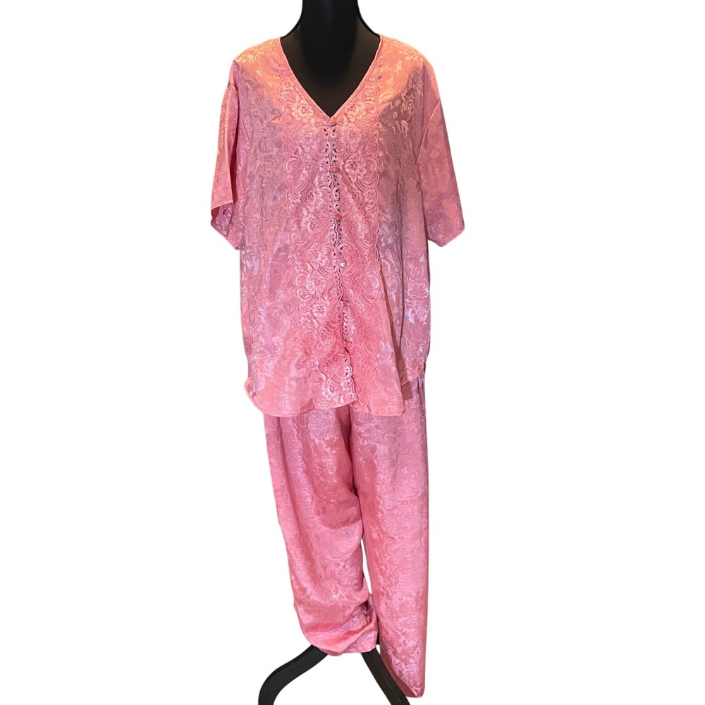 VTG Adonna Pink Floral Satin Jacquard Pajama Set Lace Trim Button Front Medium